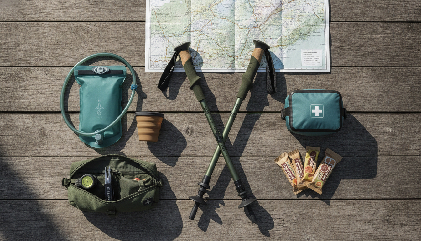 Outdoor-Ausrüstung übersichtlich ausgelegt