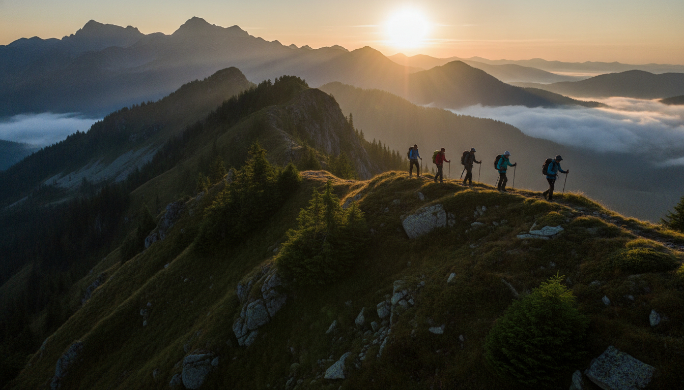 Wandernde Menschen in Berglandschaft bei Sonnenaufgang